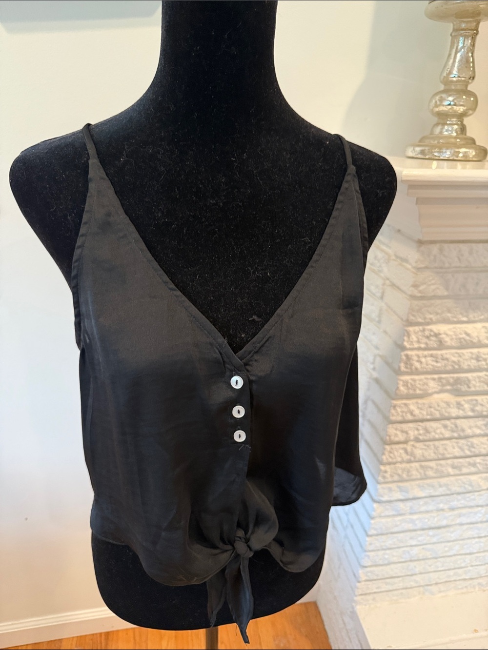 Free People Black Satin Tie-Front Cami with Buttons